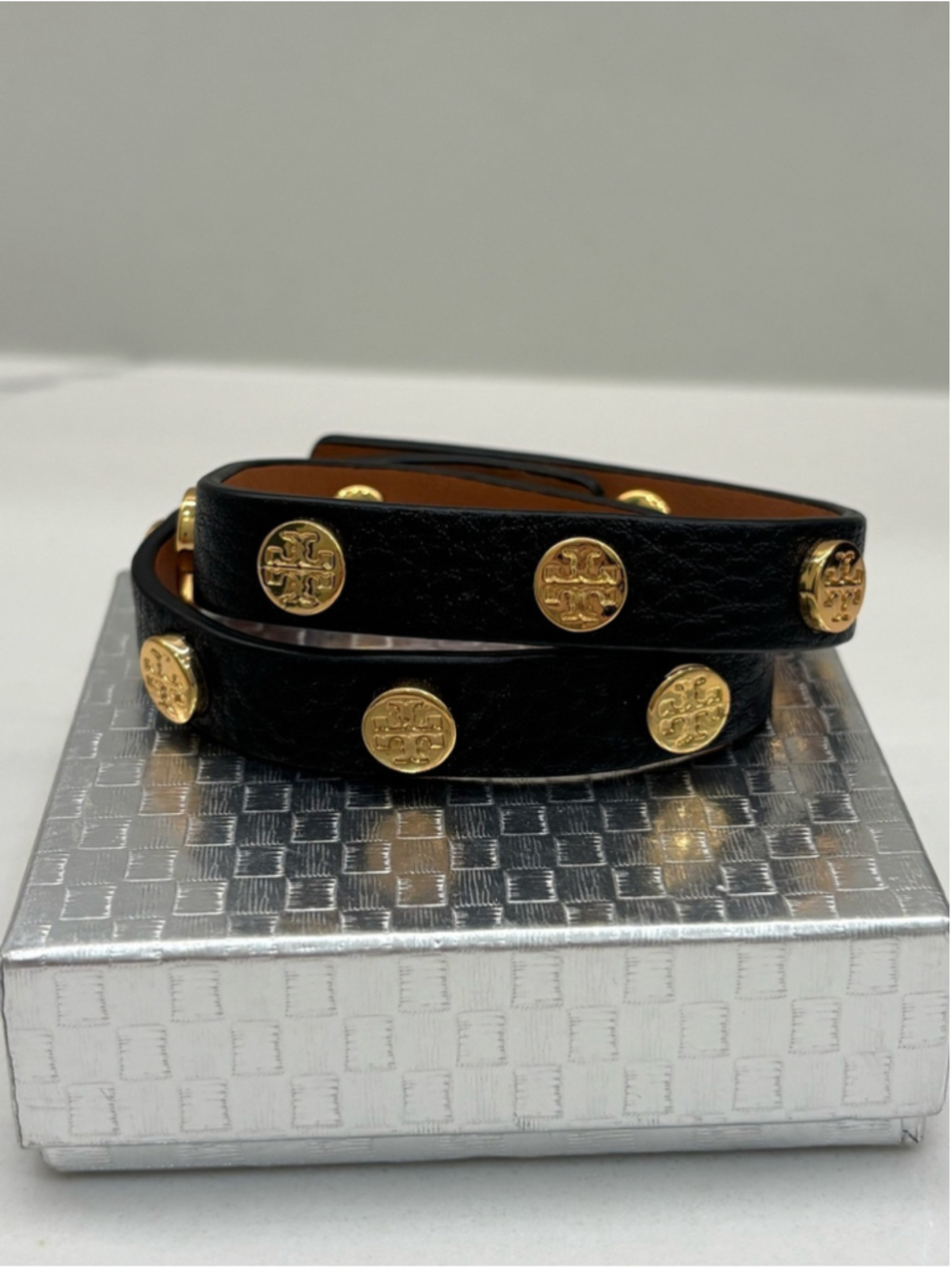 Tory Burch Black Leather Double-Wrap Bracelet with Gold Logo Studs